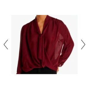 7 For All Mankind Top S‎ Runched Tie Neck Wine Silk Office Feminine Boho Peasant